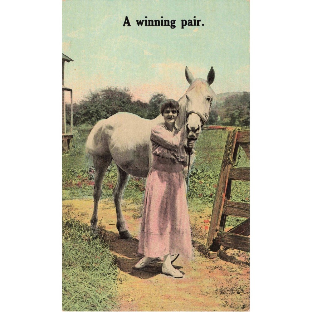 Vintage A Winning Pair Postcard Woman with White Horse Pink Dress Unposted VG - Picture 1 of 2